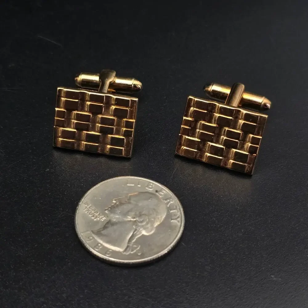 Gold Tone Rectangle Cufflinks Textured Brick Lattice Woven
